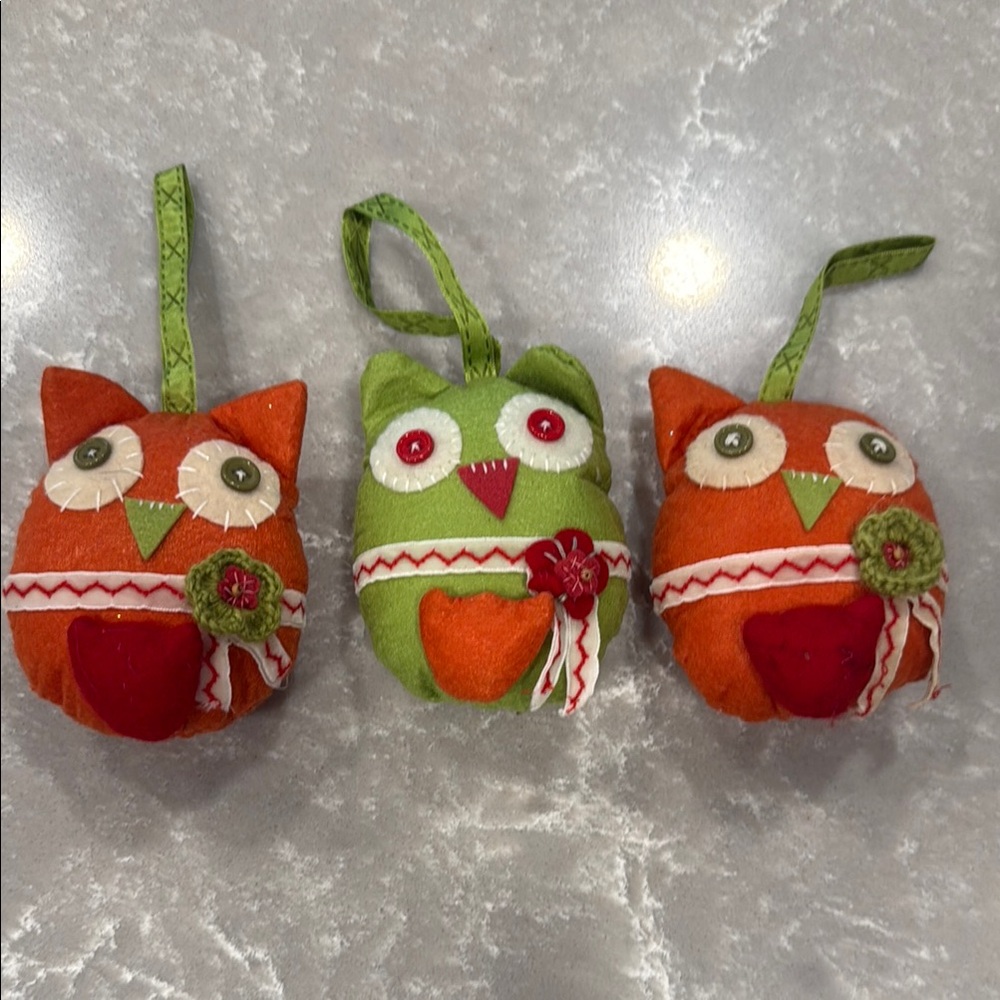 Set of 3 Handcrafted Felt Owl Christmas Ornaments Red Orange Lime Green White
